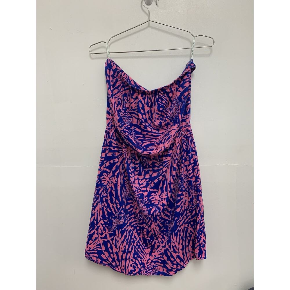 Lilly Pulitzer Windsor Strapless Dress Iris Blue Pink Zebra L Resort Ready - Picture 1 of 3